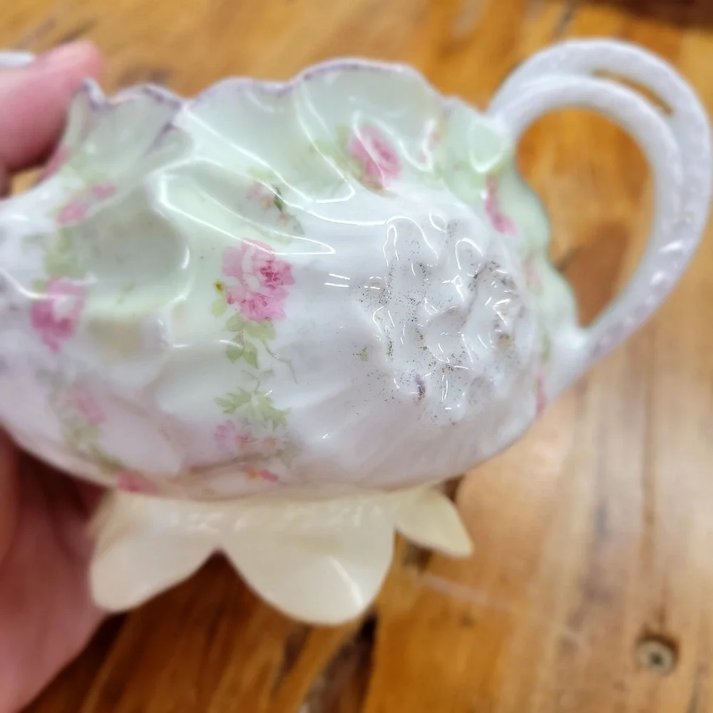 Vintage RS Prussia Red Star Green‎ Wreath Footed w/ Handles Sugar Bowl Floral